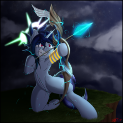Size: 4000x4000 | Tagged: safe, artist:ze-dusty, oc, oc only, oc:stardust halcyon, unicorn, semi-anthro, angry, archer, archery, armpits, arrow, badass, belly button, bow, bow (weapon), bow and arrow, cliff, electricity, epic, featureless crotch, female, halo, hoof hold, looking up, night, slit pupils, snaggletooth, solo, weapon