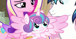 Size: 1340x690 | Tagged: safe, screencap, princess cadance, princess flurry heart, shining armor, alicorn, pony, unicorn, g4, once upon a zeppelin, :p, animated, cute, family, female, flapping, flurrybetes, foal, gif, male, mare, silly, silly pony, spread wings, stallion, tongue out, wings