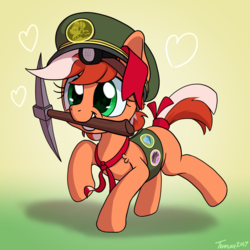 Size: 1000x1000 | Tagged: safe, artist:tehflah, oc, oc only, oc:ruby streak, earth pony, pony, cute, female, filly, filly guides, headlamp, heart, mouth hold, ocbetes, pickaxe, solo