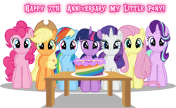Size: 6512x4000 | Tagged: safe, artist:cyberapple456, applejack, fluttershy, pinkie pie, rainbow dash, rarity, starlight glimmer, twilight sparkle, alicorn, earth pony, pony, unicorn, g4, cake, food, frosting, happy birthday mlp:fim, hat, heart, mane six, mlp fim's seventh anniversary, ponytail, rainbow, simple background, table, transparent background, twilight sparkle (alicorn), vector
