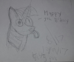 Size: 2061x1740 | Tagged: safe, artist:seabridge drive, derpibooru exclusive, dialogue, happy birthday mlp:fim, looking at you, mlp fim's seventh anniversary, monochrome, one eye closed, sketch, solo, tongue out, wink