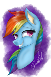 Size: 720x1084 | Tagged: safe, artist:sweetkllrvane, rainbow dash, pony, g4, bust, female, grin, mare, signature, simple background, smiling, solo, transparent background