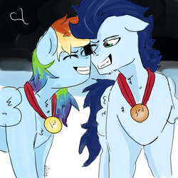 Size: 2400x2400 | Tagged: safe, artist:captainloafnugget, rainbow dash, soarin', pegasus, pony, g4, duo, female, high res, male, medal, nuzzling, ship:soarindash, shipping, straight