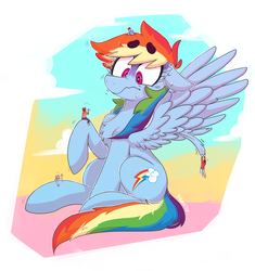 Size: 2353x2500 | Tagged: safe, artist:xieril, rainbow dash, human, pony, g4, beanbrows, chest fluff, commission, eyebrows, giant pony, giant rainbow dash, high res, human male, macro, male, mega/giant rainbow dash, spread wings, wings