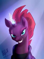 Size: 800x1080 | Tagged: safe, artist:丁劉銀, tempest shadow, g4, my little pony: the movie, broken horn, eye scar, female, horn, scar, smiling, solo, sparking horn