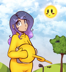 Size: 2563x2775 | Tagged: safe, artist:scorpdk, oc, oc only, oc:artshine, human, barely pony related, blushing, clothes, costume, crossover, female, gift art, high res, humanized, humanized oc, laa-laa, solo, sun, teletubbies, voice trumpet