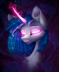 Size: 2090x2552 | Tagged: safe, artist:shoutingbat, dj pon-3, vinyl scratch, pony, unicorn, g4, bust, curved horn, female, glowing eyes, glowing horn, high res, horn, long horn, magic, mare, solo