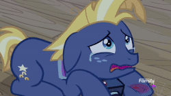 Size: 600x338 | Tagged: safe, screencap, star tracker, earth pony, pony, g4, once upon a zeppelin, animated, camera, crying, floppy ears, frown, gif, injured, looking up, male, pain, sad, shivering, solo, stallion, tears of pain, wavy mouth