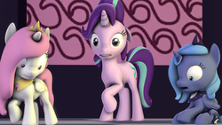 Size: 1280x720 | Tagged: safe, artist:johnsilents, princess celestia, princess luna, starlight glimmer, a royal problem, g4, 3d, age regression, cewestia, female, filly, filly celestia, filly luna, oops, pink-mane celestia, shocked, shrunken pupils, source filmmaker, starlight glimmer is worst pony, whoops, woona, younger