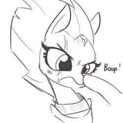 Size: 1075x1075 | Tagged: safe, artist:tjpones, fizzlepop berrytwist, tempest shadow, pony, unicorn, my little pony: the movie, angry, armor, boop, broken horn, cute, eye scar, female, frown, glare, grayscale, madorable, mare, monochrome, non-consensual booping, offscreen character, scar, simple background, sketch, solo focus, sweet dreams fuel, tempest shadow is not amused, tempestbetes, this will end in pain, tsundere shadow, unamused, white background