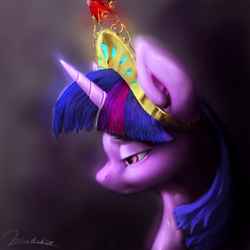 Size: 3000x3000 | Tagged: safe, artist:mindofor, twilight sparkle, alicorn, pony, g4, absurd file size, big crown thingy, bust, crown, element of magic, female, high res, jewelry, lidded eyes, looking down, portrait, profile, regalia, sad, signature, solo, twilight sparkle (alicorn)