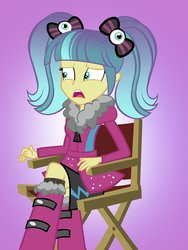 Size: 752x1000 | Tagged: safe, artist:pixelkitties, pixel pizazz, equestria girls, g4, boots, bow, chair, clothes, coat, crossed legs, eyeball, female, hair bow, halloween, holiday, pigtails, shoes, sitting, skirt, solo, worried