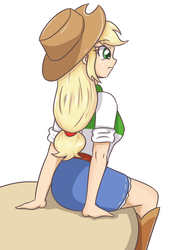 Size: 2480x3507 | Tagged: safe, artist:sumin6301, applejack, equestria girls, g4, clothes, cowboy hat, denim skirt, female, freckles, hat, high res, simple background, sitting, skirt, solo, stetson, white background