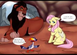 Size: 2800x2000 | Tagged: dead source, safe, artist:thecaptainsmate, fluttershy, big cat, bird, hornbill, lion, pegasus, pony, g4, blushing, crossover, dialogue, fanart mashup challenge, female, floppy ears, game show, high res, letterboxing, male, mare, pride rock, quiz, scar (the lion king), sweat, sweatdrops, the lion king, trio, who wants to be a millionaire, zazu