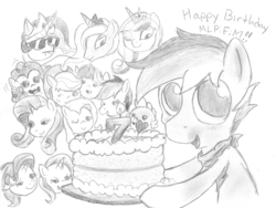 Size: 1477x1110 | Tagged: safe, artist:spackle, derpibooru exclusive, applejack, fluttershy, pinkie pie, princess cadance, princess celestia, princess luna, rainbow dash, rarity, spike, starlight glimmer, trixie, twilight sparkle, oc, oc:buck evergreen, dragon, g4, birthday cake, cake, candle, cute, food, happy, happy birthday mlp:fim, irrational exuberance, lip bite, mane seven, mane six, mlp fim's seventh anniversary, monochrome, one eye closed, smiling, sunglasses, traditional art