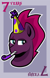 Size: 587x915 | Tagged: safe, artist:littletigressda, tempest shadow, g4, my little pony: the movie, bust, celebration, female, happy birthday mlp:fim, hat, horn, mlp fim's seventh anniversary, party hat, party horn, solo, tempest gets her horn back, tempest the birthday guest