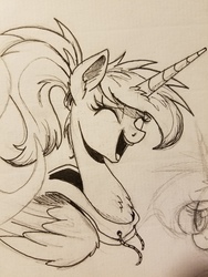 Size: 4032x3024 | Tagged: safe, artist:ncmares, princess luna, alicorn, pony, g4, ^^, clothes, cute, eyes closed, female, happy, high res, hoodie, inktober, lunabetes, neck fluff, open mouth, ponytail, slender, smiling, solo, thin, traditional art