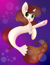 Size: 772x1000 | Tagged: safe, artist:beashay, oc, oc only, oc:shay, pony, seapony (g4), unicorn, g4, dorsal fin, female, fish tail, flowing mane, flowing tail, green eyes, horn, movie accurate, open mouth, purple background, seaponified, simple background, smiling, solo, species swap, tail, underwater, water