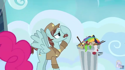Size: 1280x720 | Tagged: safe, screencap, pinkie pie, pegasus, pony, g4, secrets and pies, dusty skies, tail, trash, trash can, waste collector