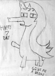 Size: 730x1000 | Tagged: safe, artist:minus, derpibooru exclusive, oc, oc only, oc:archi documentum, pony, unicorn, happy birthday mlp:fim, long mane, long neck, male, mlp fim's seventh anniversary, monochrome, solo, stallion, text, traditional art, wat