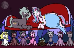 Size: 1011x660 | Tagged: safe, artist:wyntermoon, princess flurry heart, oc, oc:gentle ace, oc:gleaming grace, oc:gleaming spear, oc:mythical glow, oc:mythical shine, oc:shimmering glow, oc:spirit bliss, oc:spirit flash, oc:streak ace, alicorn, earth pony, pegasus, pony, unicorn, g4, alicorn oc, belly, book, colt, couch, couple, family, family photo, female, foal, impossibly large belly, male, mama flurry, mare, multiple pregnancy, octuplets, offspring, offspring's offspring, older, older flurry heart, parent:king sombra, parent:oc:shimmering glow, parent:princess flurry heart, parent:radiant hope, parents:canon x oc, parents:hopebra, pregnant, reading, request, shipping, sitting, smiling, stallion, straight, tongue out