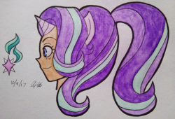 Size: 3122x2121 | Tagged: safe, artist:aloubell, starlight glimmer, human, g4, cutie mark, female, high res, horn, horned humanization, humanized, inktober, inktober 2017, ponytail, smiling, solo, traditional art