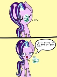 Size: 441x588 | Tagged: safe, artist:doct0rnop3, starlight glimmer, pony, unicorn, g4, awkward zombie, cup, cuphead, dialogue, female, glowing horn, horn, magic, ponified, sipping, solo, teacup