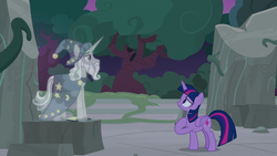 Size: 1920x1080 | Tagged: safe, screencap, star swirl the bearded, twilight sparkle, alicorn, pony, unicorn, g4, shadow play, clothes, hat, hologram, ponehenge, twilight sparkle (alicorn)