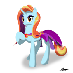 Size: 2000x2000 | Tagged: safe, artist:ilyasnow, sassy saddles, pony, unicorn, g4, clothes, dress, female, high res, hoof on chest, looking at you, mare, raised hoof, signature, simple background, smiling, solo, standing, white background