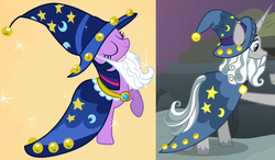 Size: 891x520 | Tagged: safe, edit, edited screencap, screencap, star swirl the bearded, twilight sparkle, pony, unicorn, g4, luna eclipsed, shadow play, clothes, comparison, cosplay, costume, female, male, mare, nightmare night costume, stallion, star swirl the bearded costume, twilight the bearded, unicorn twilight