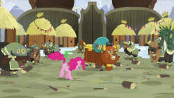 Size: 1280x720 | Tagged: safe, screencap, gummy, pinkie pie, prince rutherford, yona's dad, yona's mom, earth pony, pony, yak, not asking for trouble, biting, cloven hooves, female, log, male, mare, stomping, tail bite, twig, yakyakistan, yickslubertfest