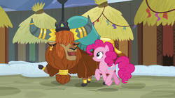 Size: 1280x720 | Tagged: safe, screencap, pinkie pie, prince rutherford, pony, yak, g4, not asking for trouble, cloven hooves, female, male