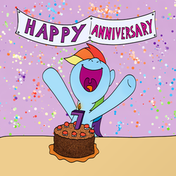 Size: 1000x1000 | Tagged: safe, artist:m.w., rainbow dash, pony, g4, birthday candles, cake, celebration, female, food, happy birthday mlp:fim, mare, mlp fim's seventh anniversary, solo