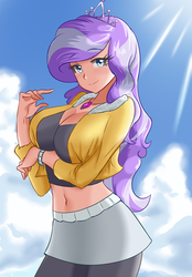 Size: 626x900 | Tagged: safe, artist:thebrokencog, diamond tiara, human, equestria girls, g4, arm under breasts, belly button, breasts, busty diamond tiara, cleavage, clothes, compression shorts, female, human coloration, humanized, leggings, looking at you, midriff, miniskirt, older, older diamond tiara, seductive pose, sexy, skirt, smiling, solo, stupid sexy diamond tiara
