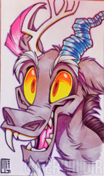 Size: 500x841 | Tagged: safe, artist:ferwildir, discord, draconequus, g4, bust, copic, happy, male, portrait, smiling, solo, traditional art, watermark