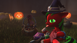 Size: 1920x1080 | Tagged: safe, artist:diabolum, oc, oc only, oc:tanya flameheart, bat pony, 3d, candy, commission, food, halloween, hat, holiday, jack-o-lantern, pumpkin, witch, witch hat