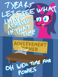 Size: 528x707 | Tagged: safe, artist:threetwotwo32232, oc, oc only, spider, computer, dialogue, happy birthday mlp:fim, mlp fim's seventh anniversary, shelf, solo, spider web, time for ponies