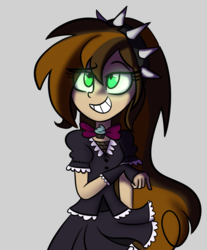 Size: 638x769 | Tagged: dead source, safe, artist:wubcakeva, oc, oc only, oc:collapsia slash, oc:cupcake slash, equestria girls, g4, clothes, female, glowing eyes, grin, maid, mind control, miniskirt, simple background, skirt, smiling, solo