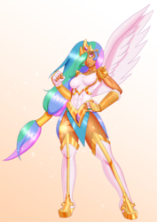 Size: 2480x3508 | Tagged: safe, artist:ryujisama, princess celestia, human, armor, commission, crown, cutie mark on human, female, hair over one eye, humanized, jewelry, one wing out, regalia, solo, warrior celestia, winged humanization, wings
