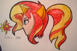 Size: 3113x2062 | Tagged: safe, artist:aloubell, sunset shimmer, human, g4, female, high res, humanized, ponytail, solo, traditional art