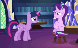 Size: 802x500 | Tagged: safe, edit, screencap, starlight glimmer, twilight sparkle, alicorn, pony, unicorn, g4, uncommon bond, animated, book, caption, cropped, cute, duo, duo female, female, frown, gasp, gif, glimmerbetes, happy, hug, pounce, sitting, smiling, smuglight sparkle, stool, table, text, twiabetes, twilight sparkle (alicorn), twilight's castle, twilight's castle library, walking