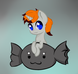 Size: 1020x972 | Tagged: safe, artist:silver snow, oc, oc only, oc:disterious, pony, unicorn, :3, big eyes, blue eyes, candy, cute, face, food, grey fur, highlights, horn, icon, male, orange mane, simple background, smiling, solo, stallion, wrapped candy