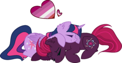 Size: 1162x605 | Tagged: safe, artist:quartziie, fizzlepop berrytwist, tempest shadow, twilight sparkle, alicorn, pony, unicorn, g4, my little pony: the movie, base used, broken horn, duo, eyes closed, female, heart, horn, lesbian, lesbian pride flag, mare, pride, pride flag, ship:tempestlight, shipping, simple background, sleeping, tempest's cutie mark, transparent background, twilight sparkle (alicorn)