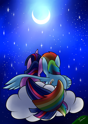 Size: 2480x3507 | Tagged: safe, artist:twidasher, rainbow dash, twilight sparkle, pegasus, pony, g4, cloud, duo, female, high res, hug, intertwined tails, lesbian, moon, night, ship:twidash, shipping, starry night, winghug