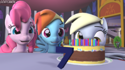Size: 3840x2160 | Tagged: safe, artist:goatcanon, derpy hooves, pinkie pie, rainbow dash, oc, oc:littlepip, earth pony, pegasus, pony, unicorn, fallout equestria, g4, 3d, cake, clothes, crossover, fallout, fanfic, fanfic art, female, food, happy birthday mlp:fim, high res, hooves, horn, jumpsuit, mare, mlp fim's seventh anniversary, open mouth, pipbuck, portal, rick and morty, smiling, source filmmaker, teeth, vault suit, wings