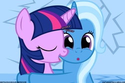 Size: 1048x697 | Tagged: safe, artist:navitaserussirus, trixie, twilight sparkle, alicorn, pony, unicorn, asktwixiegenies, g4, :o, cropped, crying, cute, diatrixes, female, hug, lesbian, mare, open mouth, ship:twixie, shipping, twiabetes, twilight sparkle (alicorn), whispering