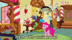 Size: 720x400 | Tagged: safe, edit, edited screencap, screencap, discord, pinkie pie, g4, make new friends but keep discord, animated, breaking the fourth wall, gif, happy birthday mlp:fim, he wants all of the cakes, mlp fim's seventh anniversary, text
