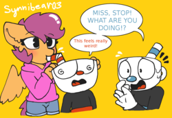 Size: 1597x1099 | Tagged: safe, artist:synnibear03, scootaloo, oc, oc:ponytale scootaloo, oc:scootaloo loves sans, anthro, comic:ponytale, g4, blushing, crossover, cuphead, cuphead (character), dialogue, mugman, scootaloo loves sans, simple background, swirly eyes, wingding eyes, yellow background