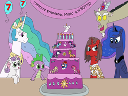 Size: 4160x3120 | Tagged: safe, artist:supahdonarudo, applejack, discord, fluttershy, pinkie pie, princess celestia, princess luna, rainbow dash, rarity, spike, sweetie belle, twilight sparkle, oc, oc:ironyoshi, alicorn, dragon, pony, g4, balloon, banner, birthday candles, cake, decoration, digital art, food, grand dad, happy birthday mlp:fim, hat, high res, mane six, mlp fim's seventh anniversary, party hat, tongue out, twilight sparkle (alicorn)