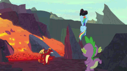 Size: 1280x720 | Tagged: safe, screencap, garble, rainbow dash, spike, dragon, pegasus, pony, g4, shadow play, abuse, animated, boulder, butt, comeuppance, dragon lands, female, garblebuse, gif, lava, male, mare, plot, prometheus school of running away from things, protecting, rock, slam dunk, teenaged dragon, teenager, trio